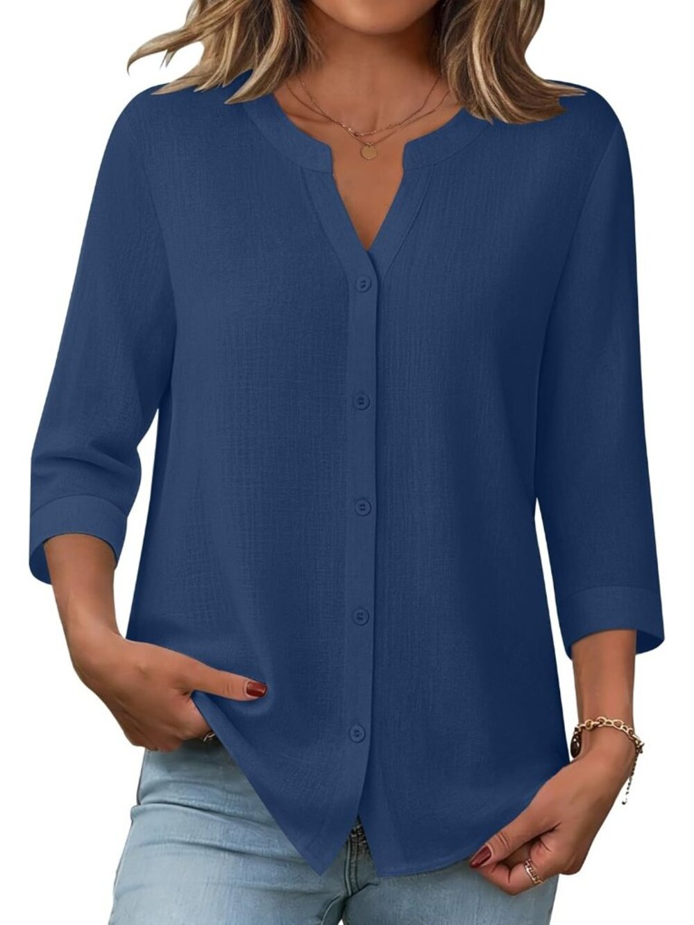 Women Nany Blue Button Down Sleeve Linen Cotton V Neck Casual Loose Work Blouses